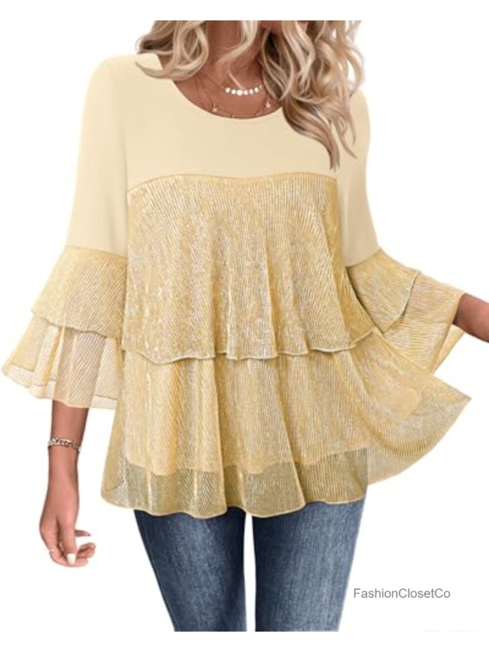 Womens Sparkly Peplum Blouse 3/4 Bell Sleeve Elegant Evening Top